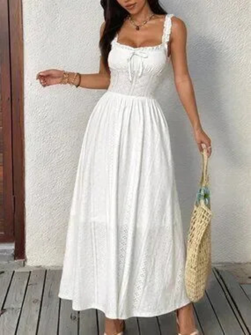 ZARA White Casual Women's Boho Style Pleated Bust Long Dress